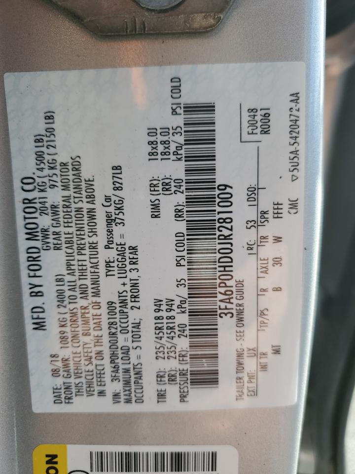 2018 Ford Fusion Se VIN: 3FA6P0HD0JR281009 Lot: 82628055