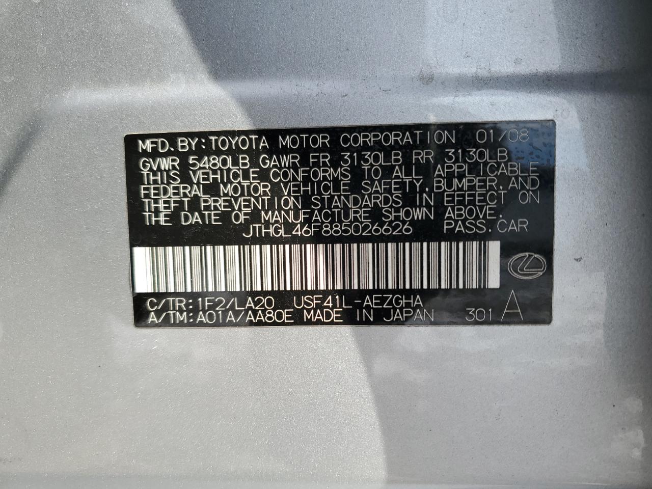 2008 Lexus Ls 460L VIN: JTHGL46F885026626 Lot: 92251715