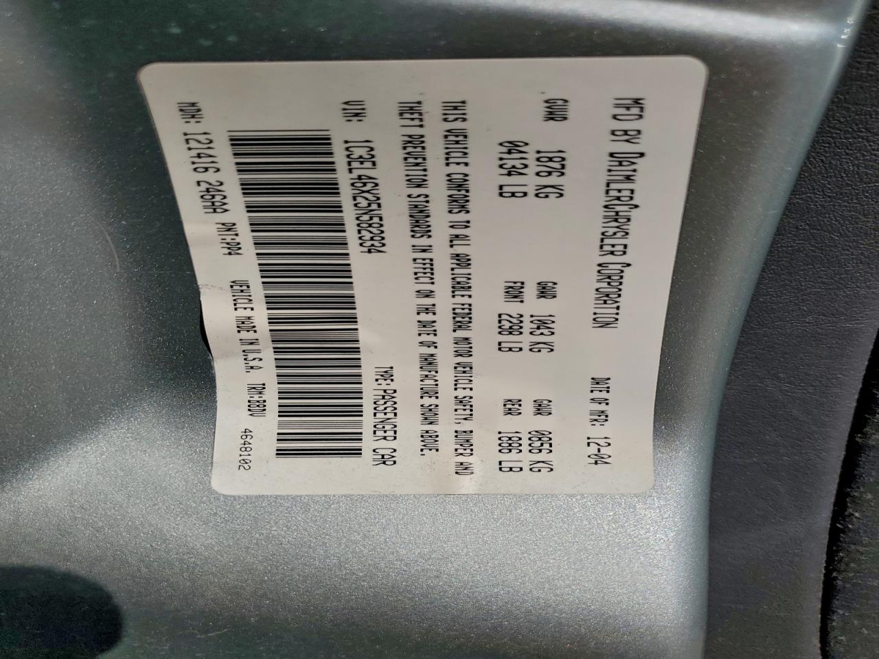 2005 Chrysler Sebring VIN: 1C3EL46X25N582934 Lot: 92678375