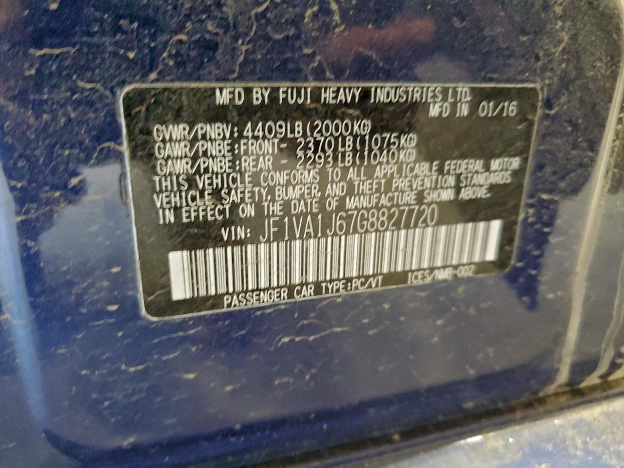 2016 Subaru Wrx Limited VIN: JF1VA1J67G8827720 Lot: 94094305