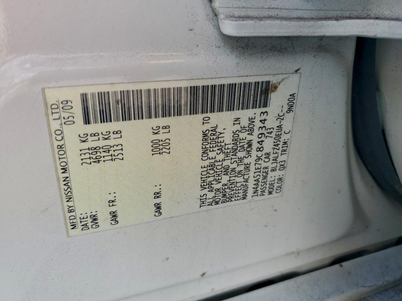 2009 Nissan Maxima S VIN: 1N4AA51E79C849343 Lot: 94428845