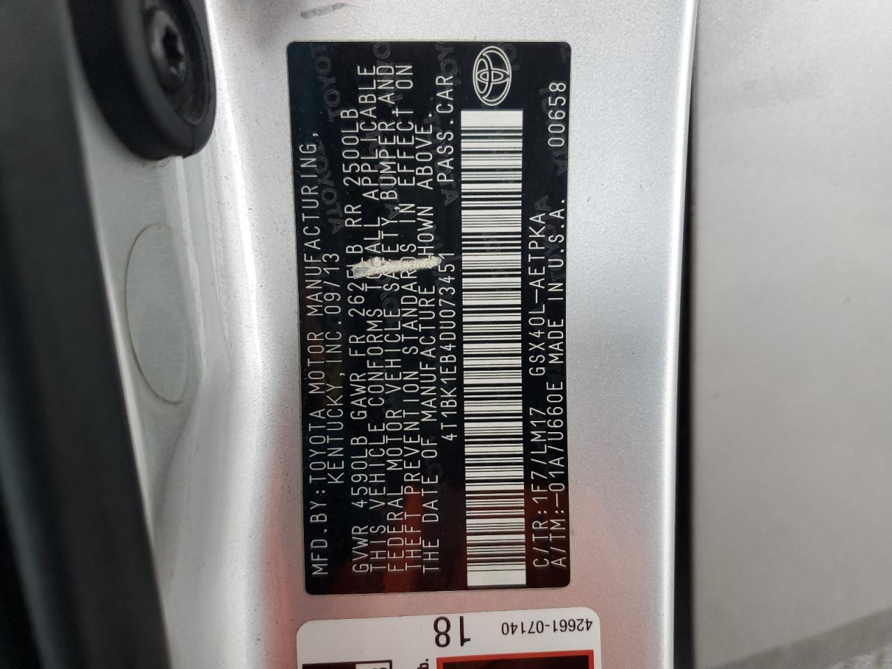 2013 Toyota Avalon Base VIN: 4T1BK1EB4DU073451 Lot: 93737205