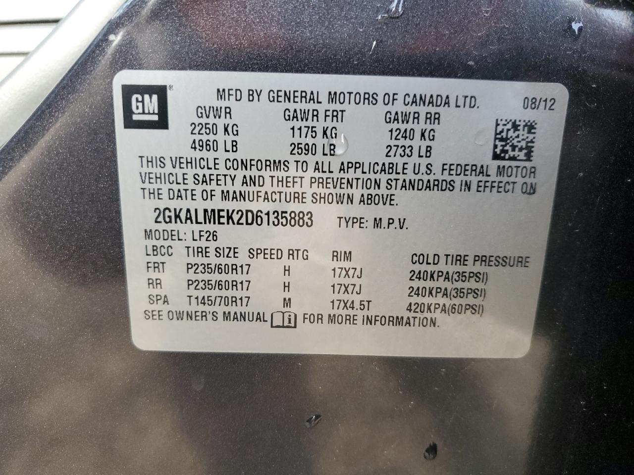 2013 GMC Terrain Sle VIN: 2GKALMEK2D6135883 Lot: 90584725