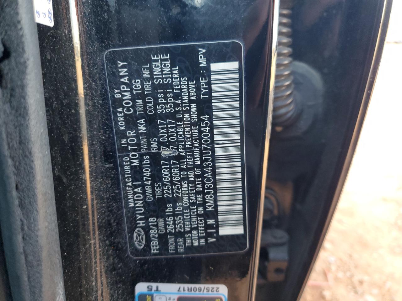 2018 Hyundai Tucson Sel VIN: KM8J3CA43JU700454 Lot: 91735495