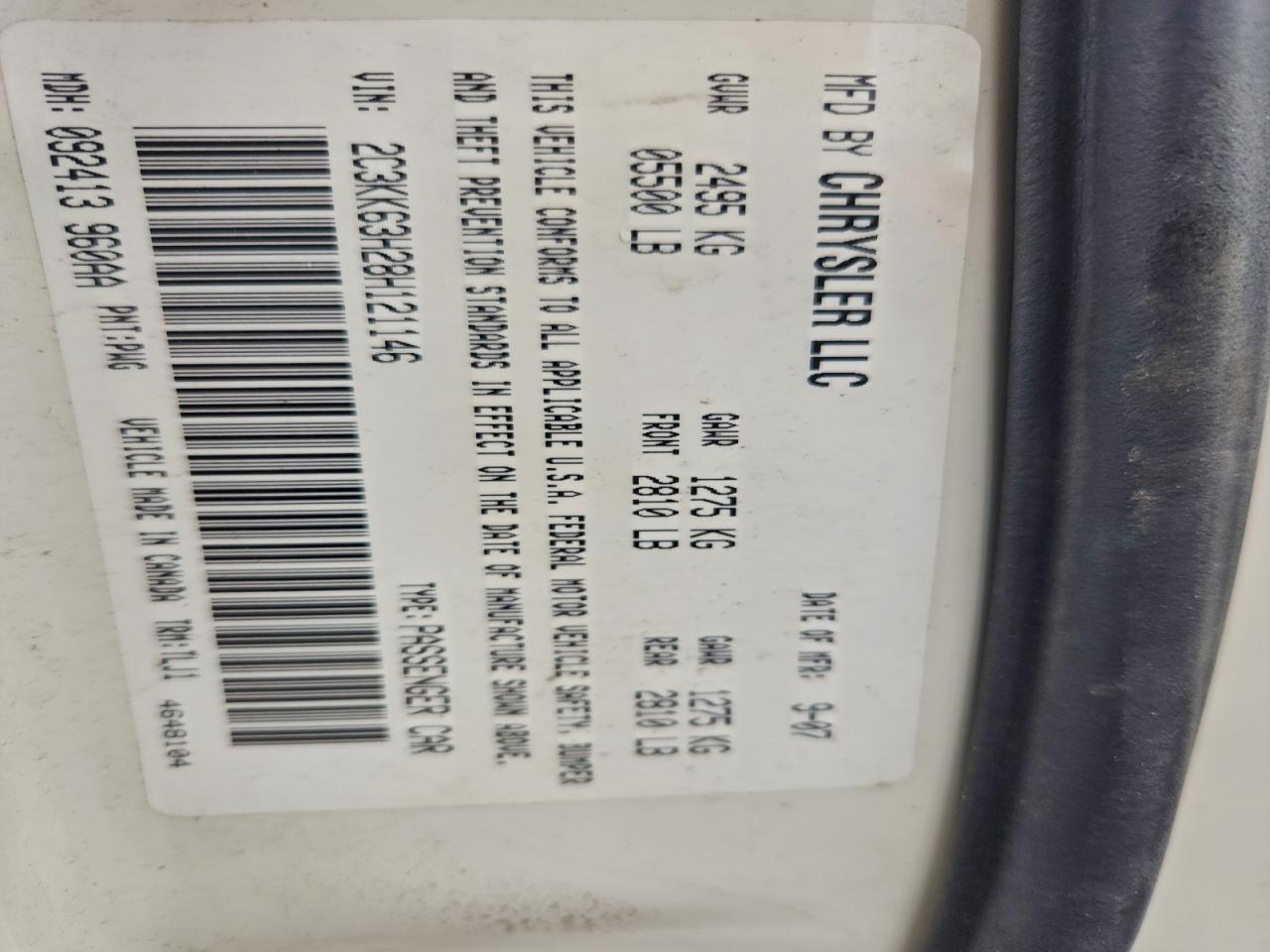 2008 Chrysler 300C VIN: 2C3KK63H28H121146 Lot: 93858985