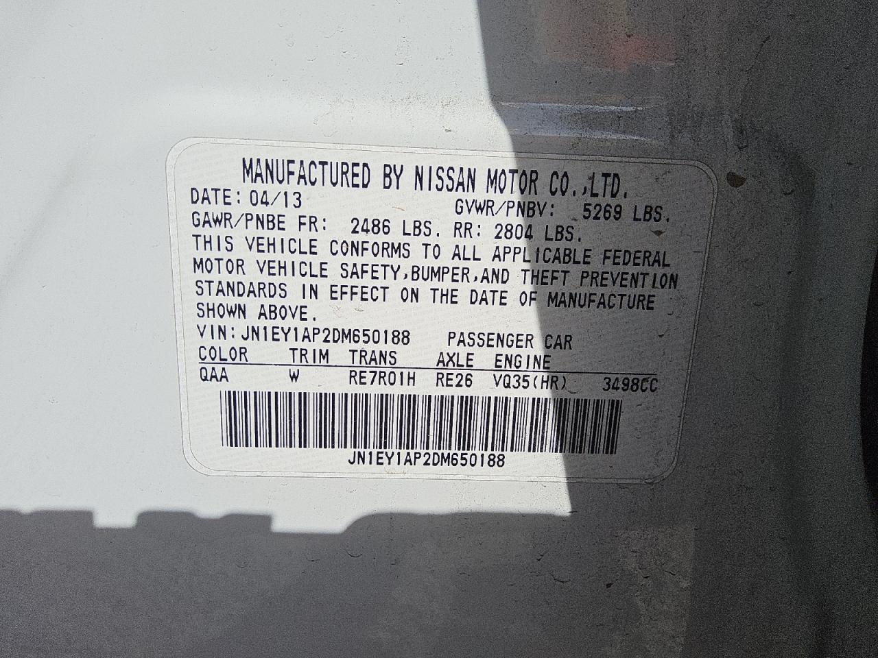 2013 Infiniti M35H VIN: JN1EY1AP2DM650188 Lot: 91217605