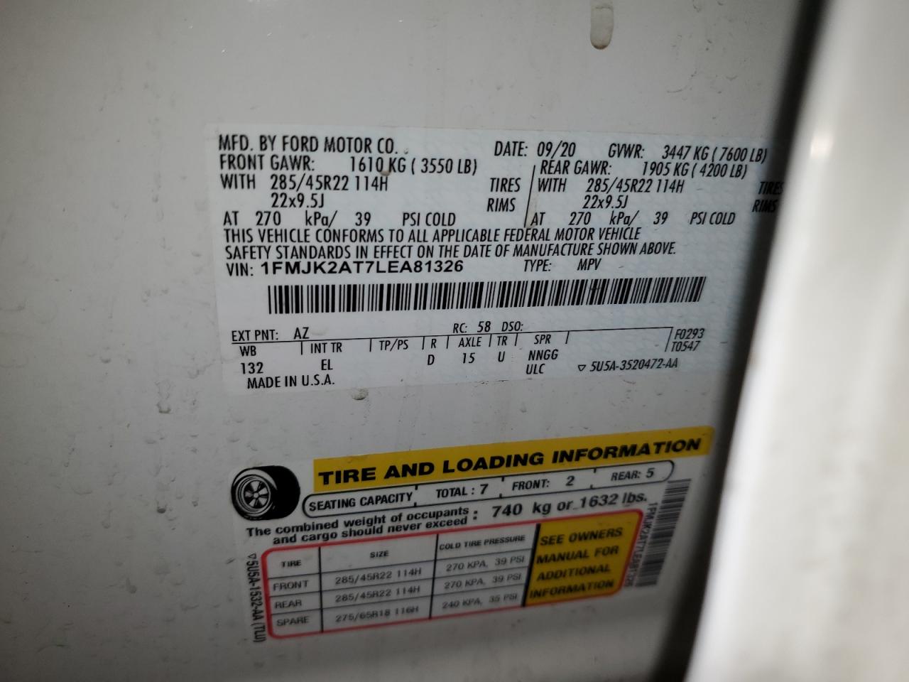 2020 Ford Expedition Max Limited VIN: 1FMJK2AT7LEA81326 Lot: 91620685