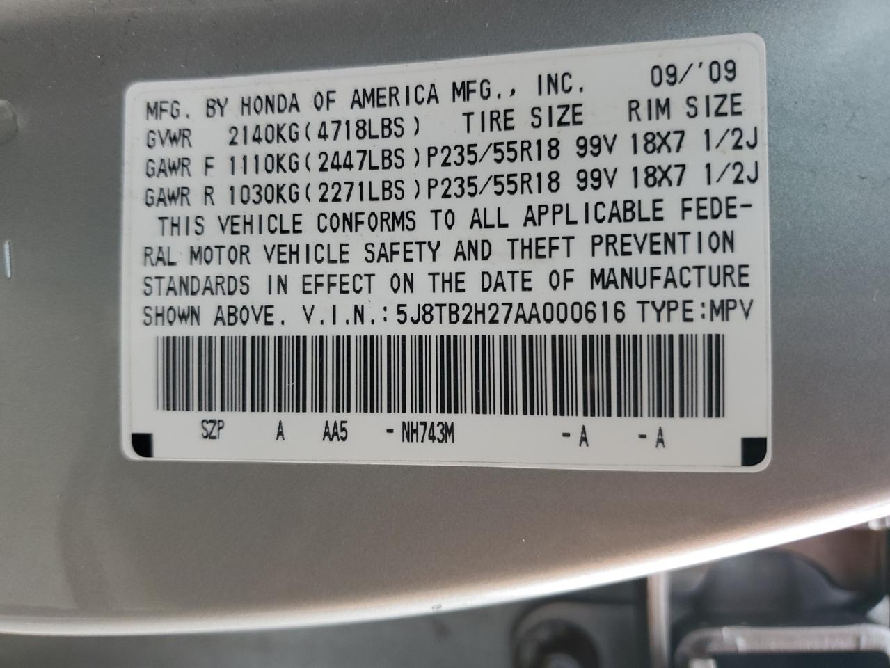 2010 Acura Rdx VIN: 5J8TB2H27AA000616 Lot: 91509105