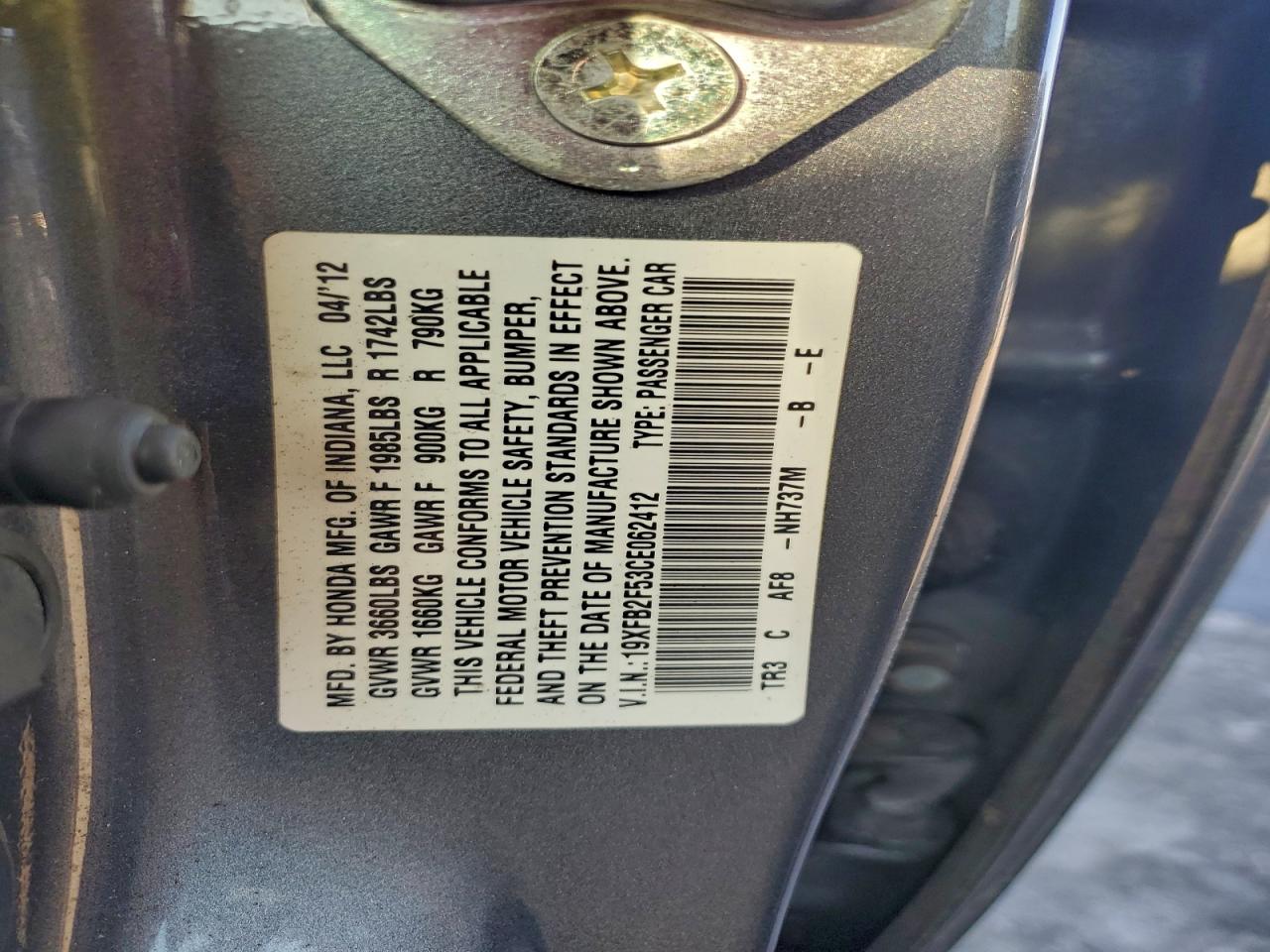 2012 Honda Civic Lx VIN: 19XFB2F53CE062412 Lot: 94572185