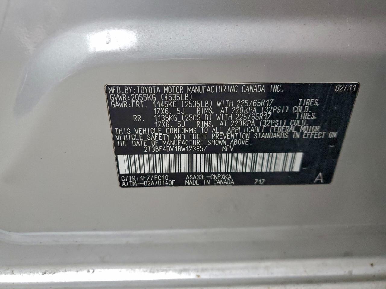 2011 Toyota Rav4 VIN: 2T3BF4DV1BW123857 Lot: 94491565