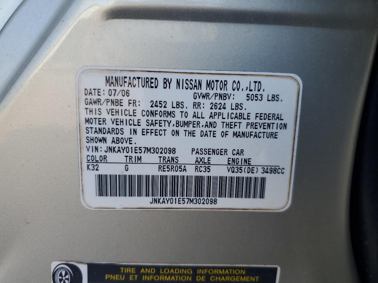 2007 Infiniti M35 Base VIN: JNKAY01E57M302098 Lot: 93724355