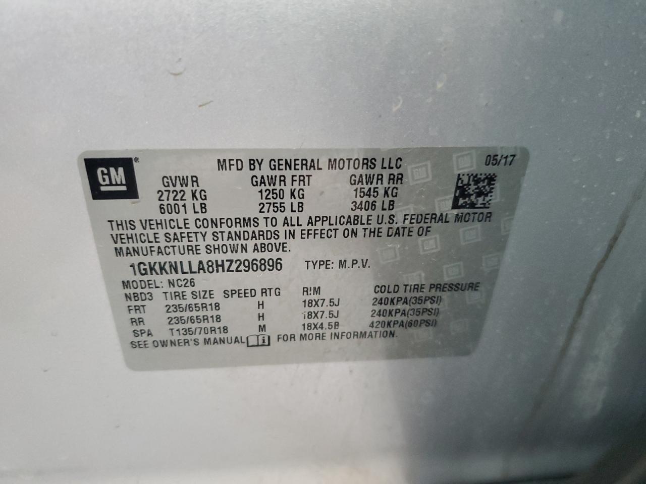 2017 GMC Acadia Sle VIN: 1GKKNLLA8HZ296896 Lot: 91441395