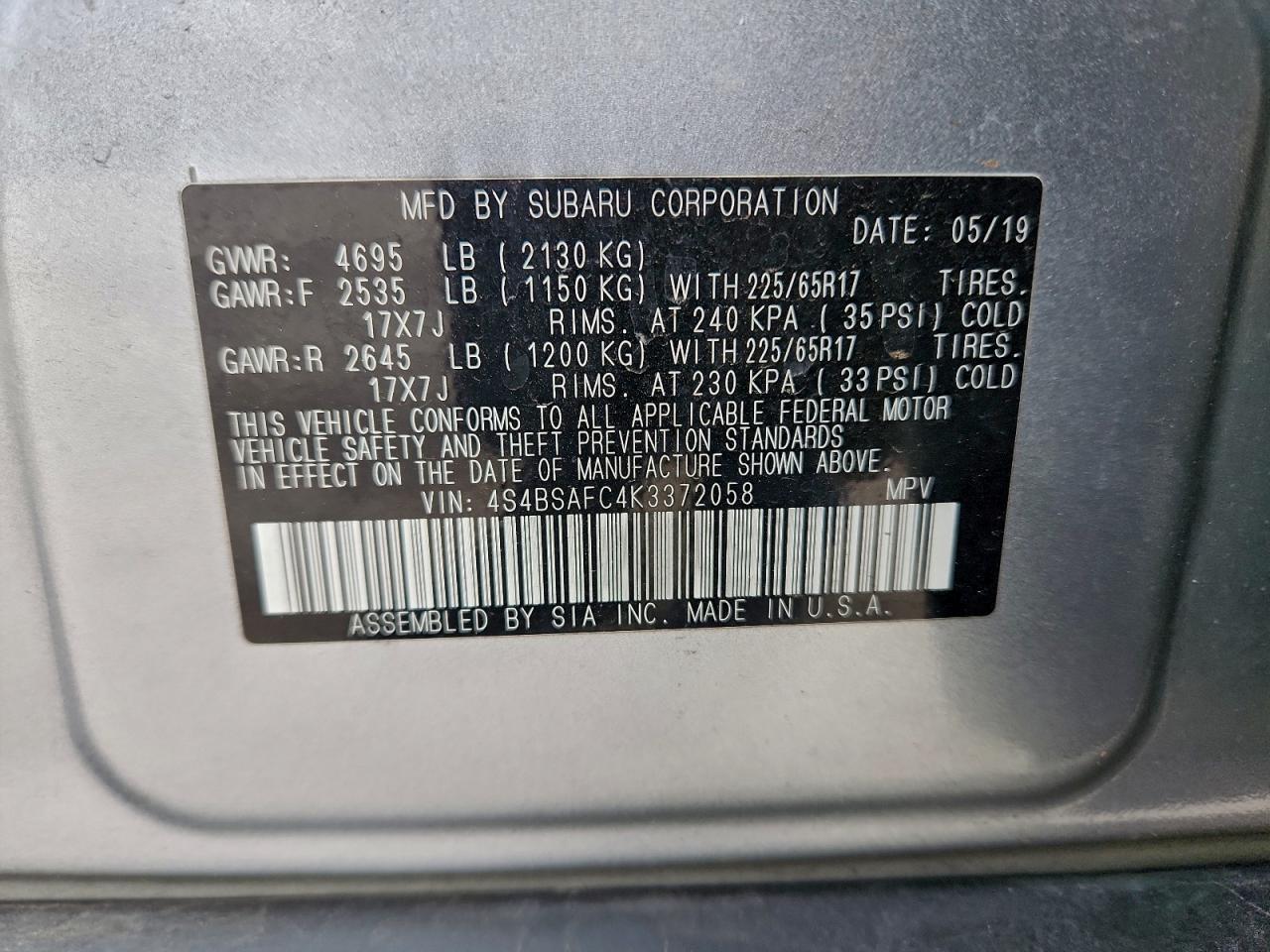 2019 Subaru Outback 2.5I Premium VIN: 4S4BSAFC4K3372058 Lot: 94713785