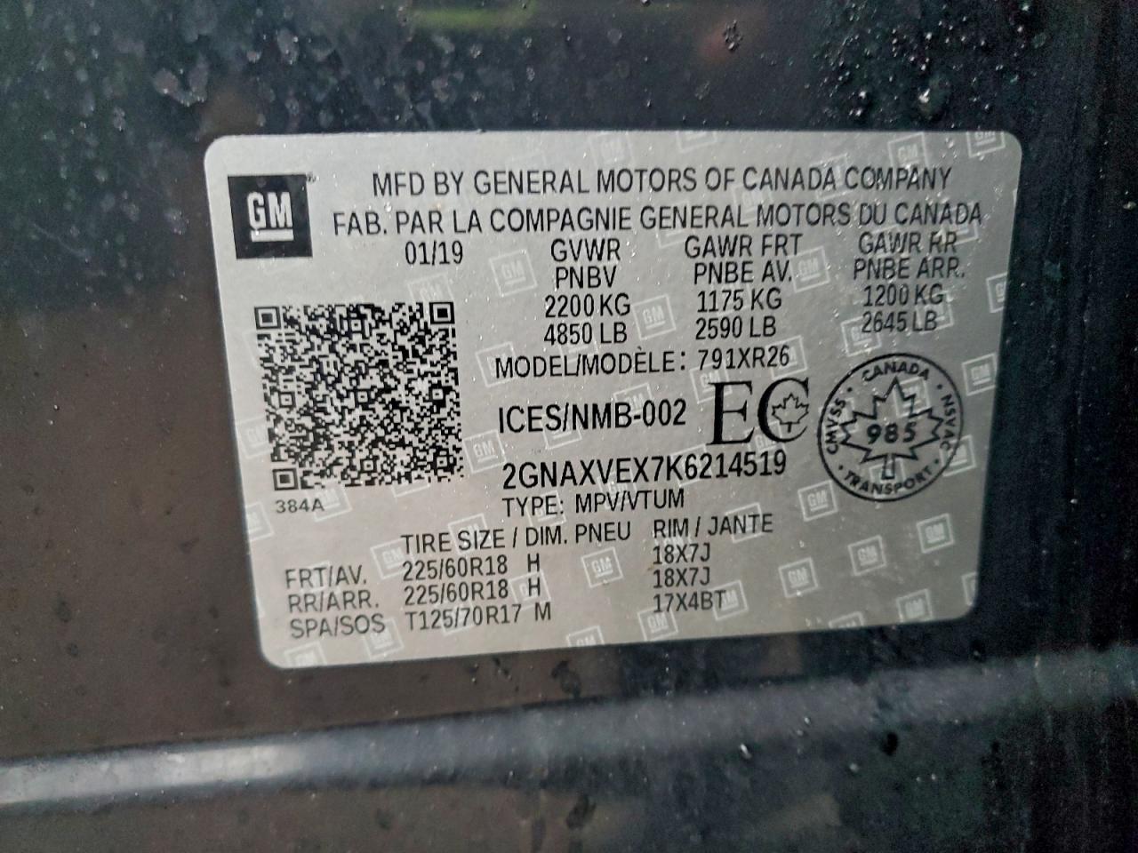 2019 Chevrolet Equinox Lt VIN: 2GNAXVEX7K6214519 Lot: 93193465