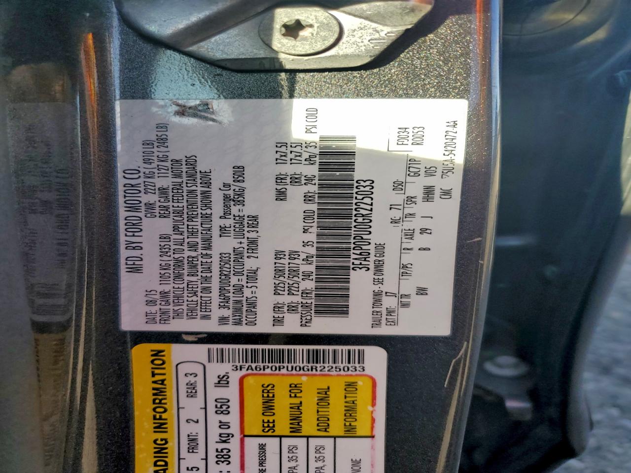 2016 Ford Fusion Se Phev VIN: 3FA6P0PU0GR225033 Lot: 94289695