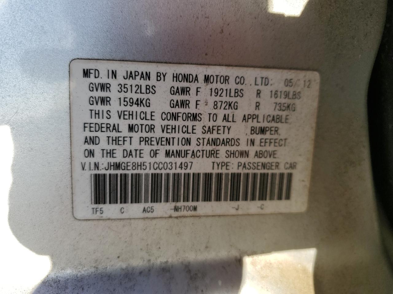 2012 Honda Fit Sport VIN: JHMGE8H51CC031497 Lot: 91555555