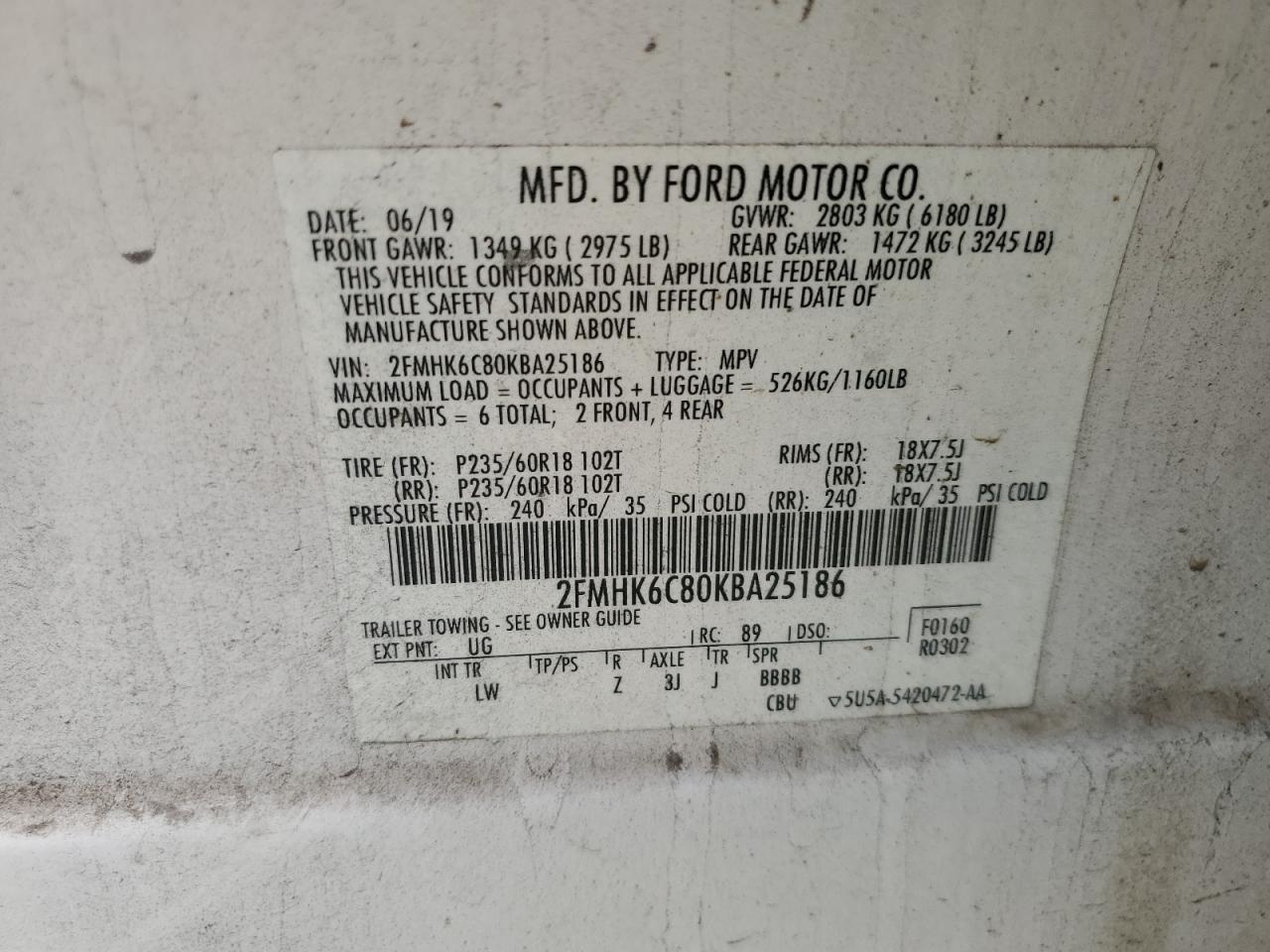 2019 Ford Flex Sel VIN: 2FMHK6C80KBA25186 Lot: 92743675