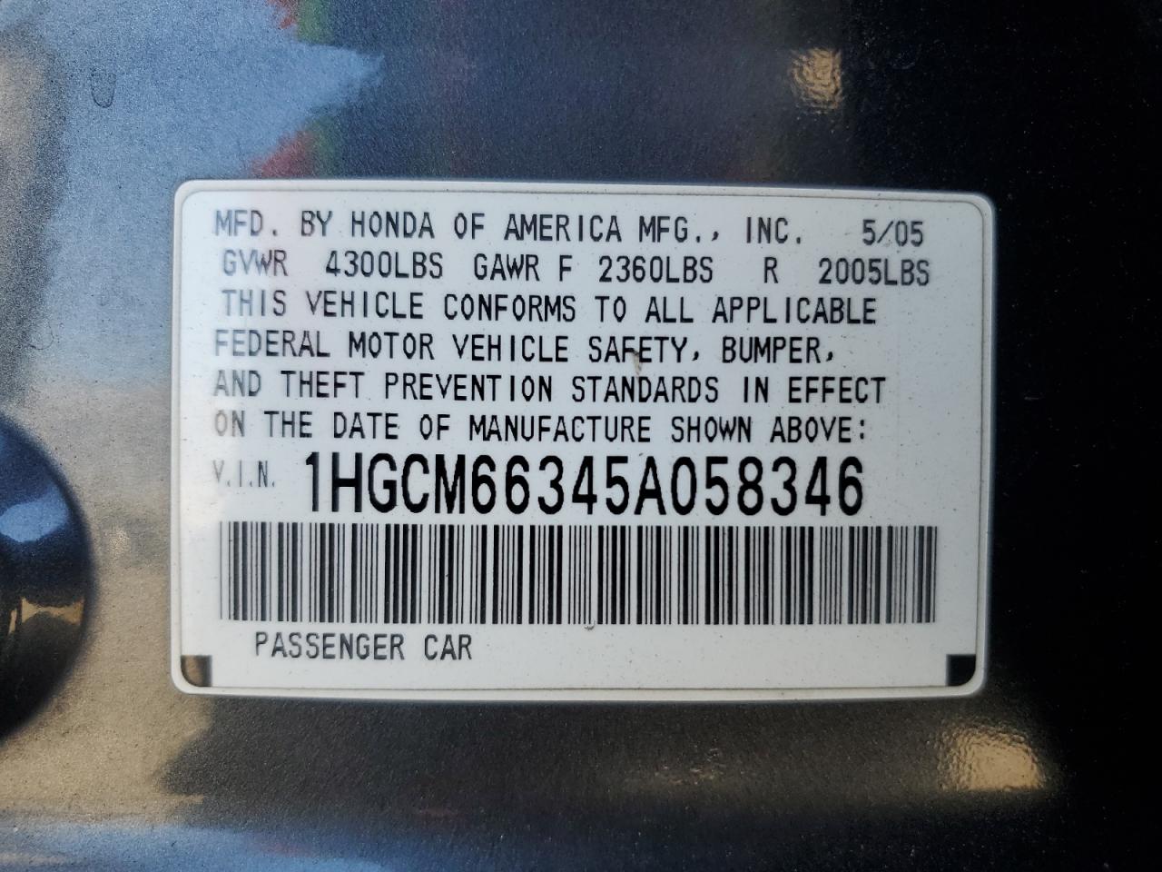 2005 Honda Accord Lx VIN: 1HGCM66345A058346 Lot: 91110835
