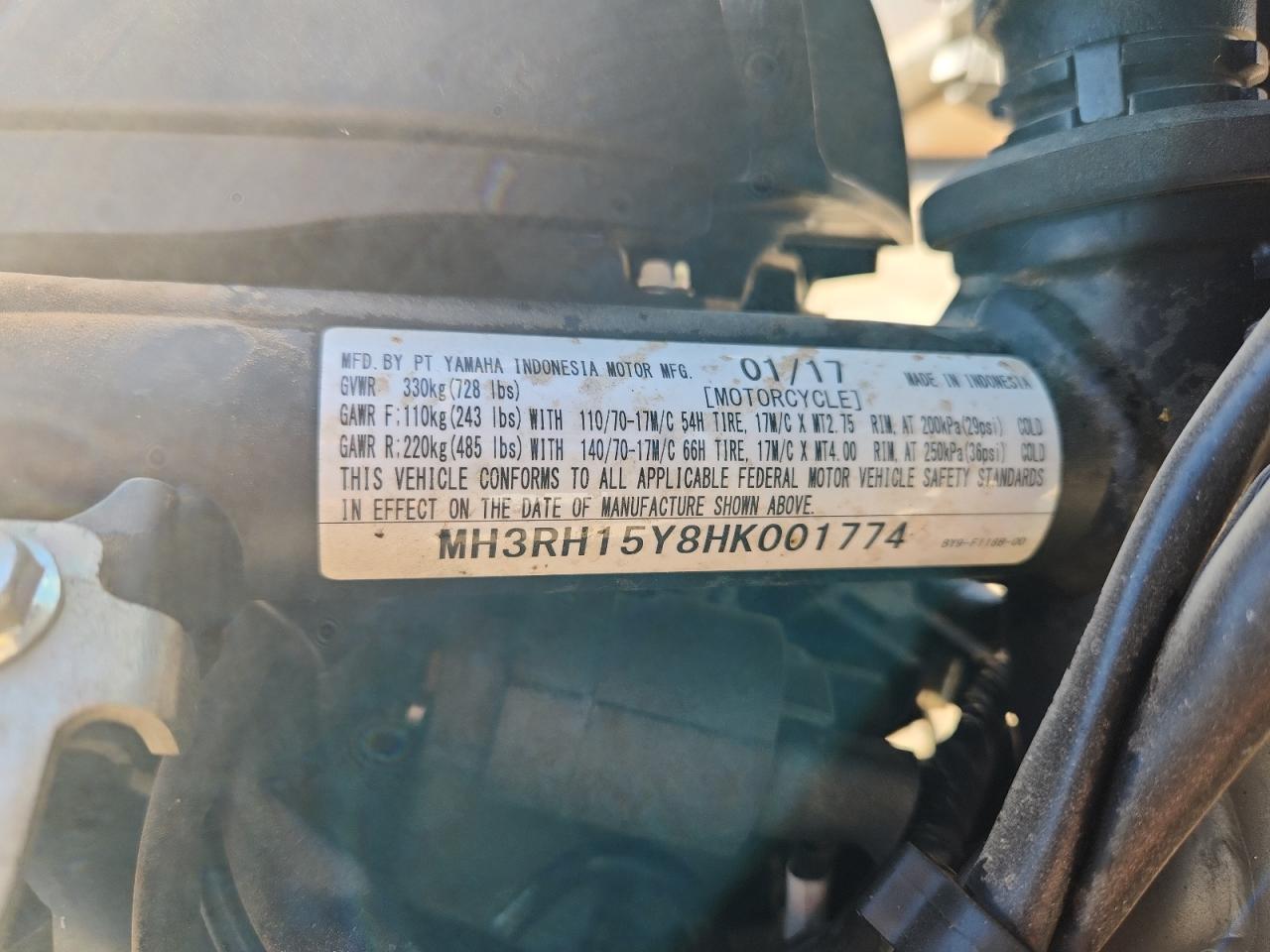 2017 Yamaha Yzfr3 A VIN: MH3RH15Y8HK001774 Lot: 93071865