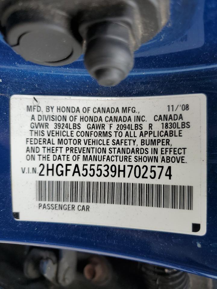 2009 Honda Civic Si VIN: 2HGFA55539H702574 Lot: 91666175