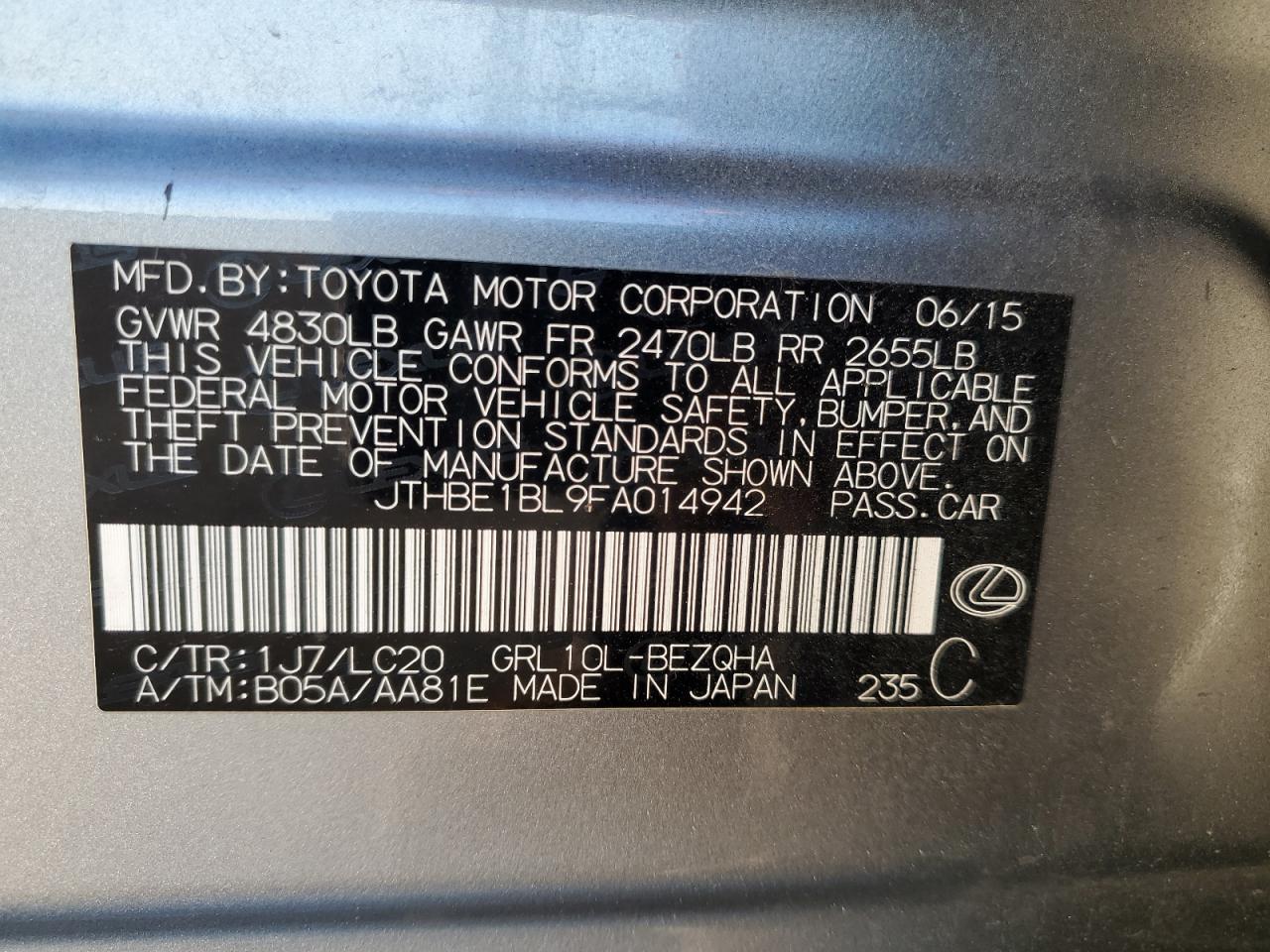 2015 Lexus Gs 350 VIN: JTHBE1BL9FA014942 Lot: 90359495