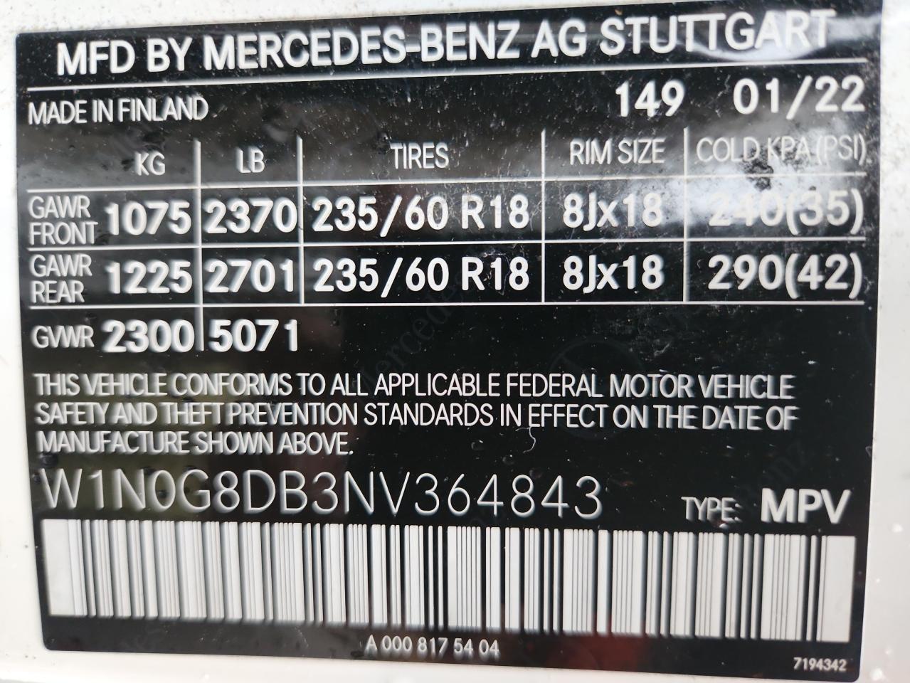 2022 Mercedes-Benz Glc 300 VIN: W1N0G8DB3NV364843 Lot: 92197825