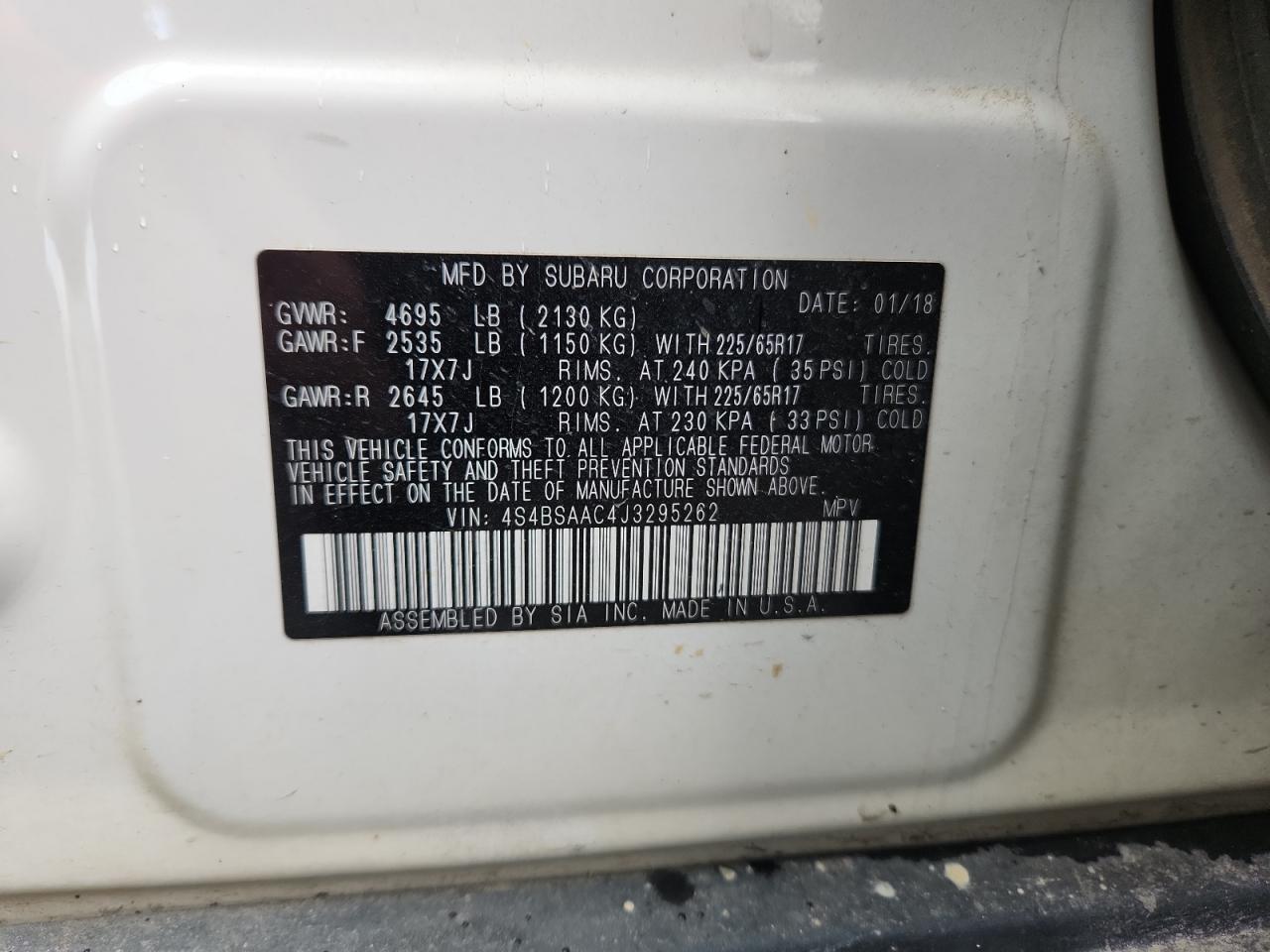 2018 Subaru Outback 2.5I VIN: 4S4BSAAC4J3295262 Lot: 93430125