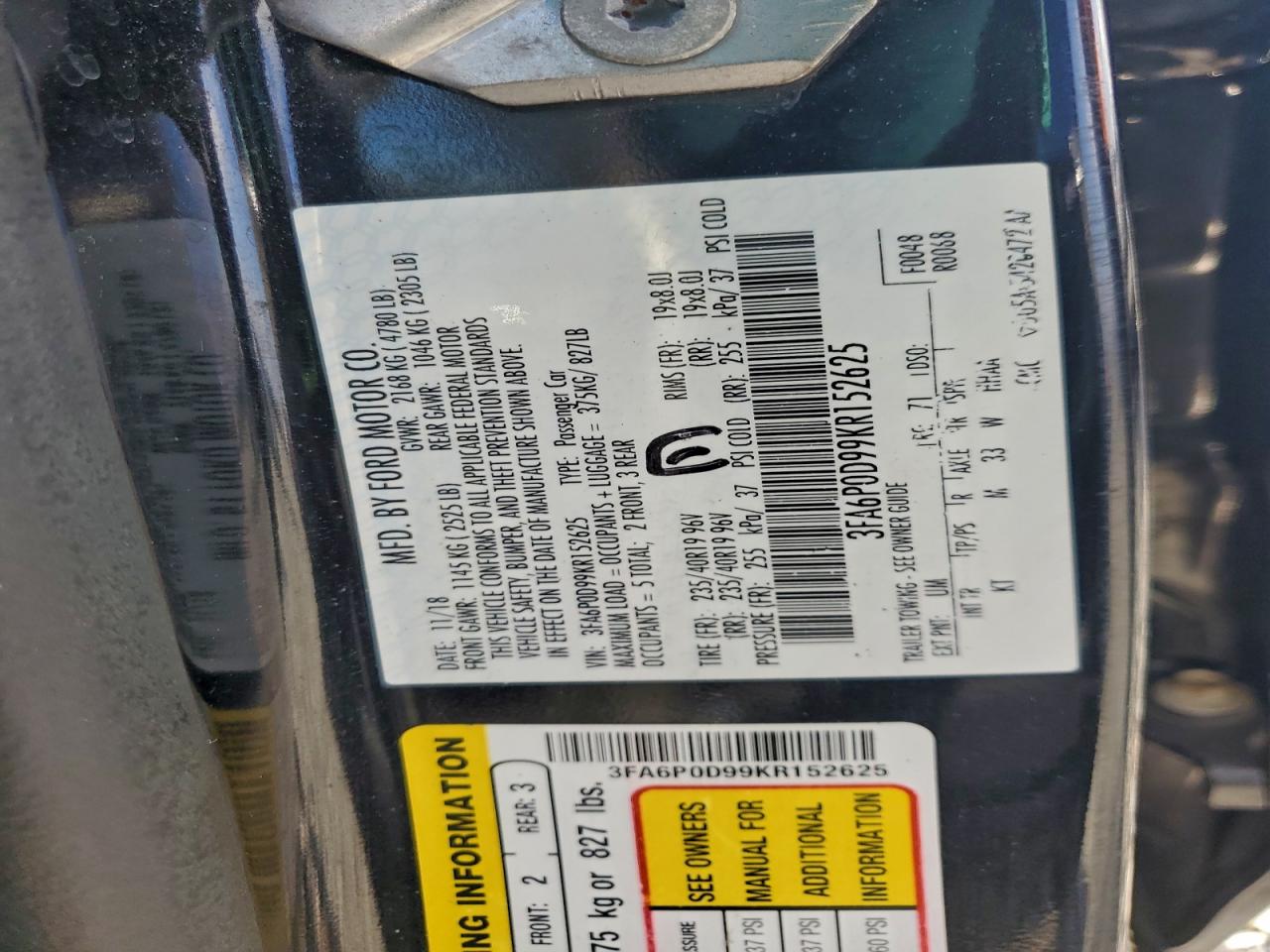 2019 Ford Fusion Titanium VIN: 3FA6P0D99KR152625 Lot: 93900395