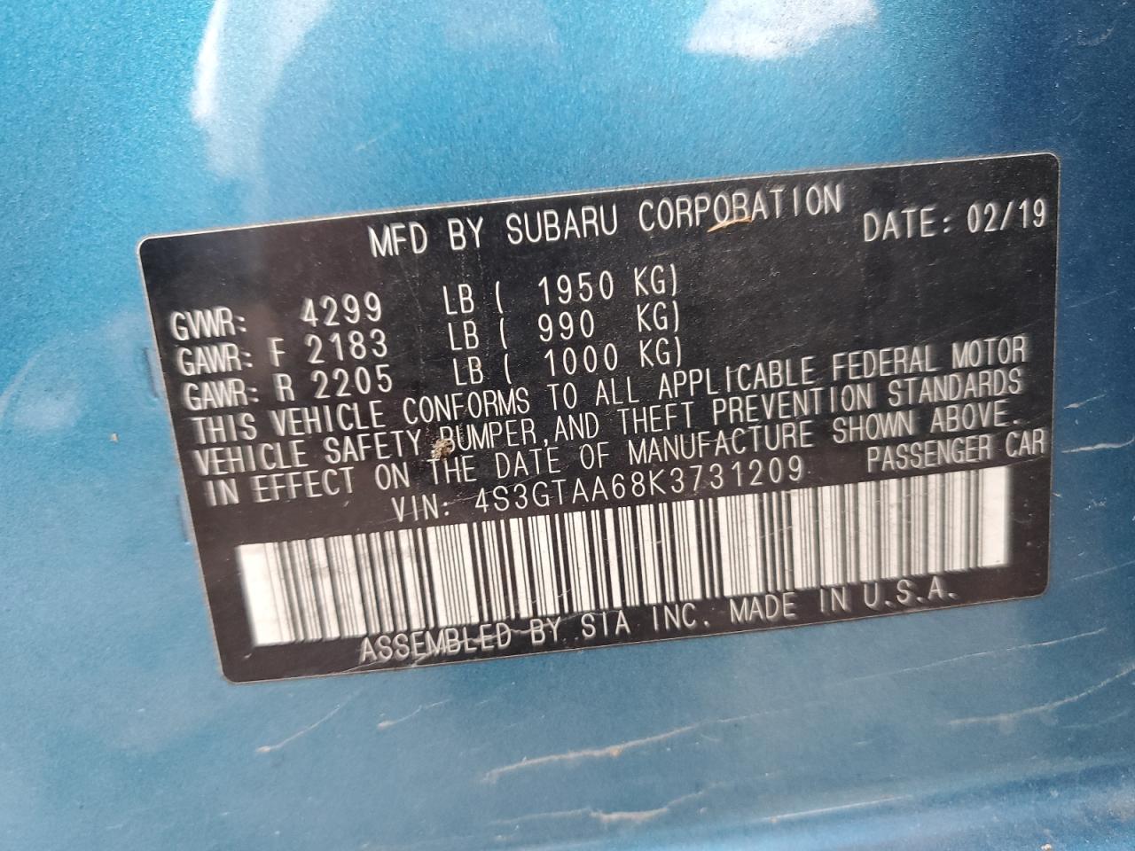 2019 Subaru Impreza VIN: 4S3GTAA68K3731209 Lot: 92637325