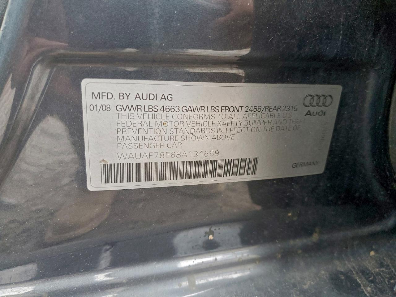 2008 Audi A4 2.0T VIN: WAUAF78E68A134669 Lot: 93472835