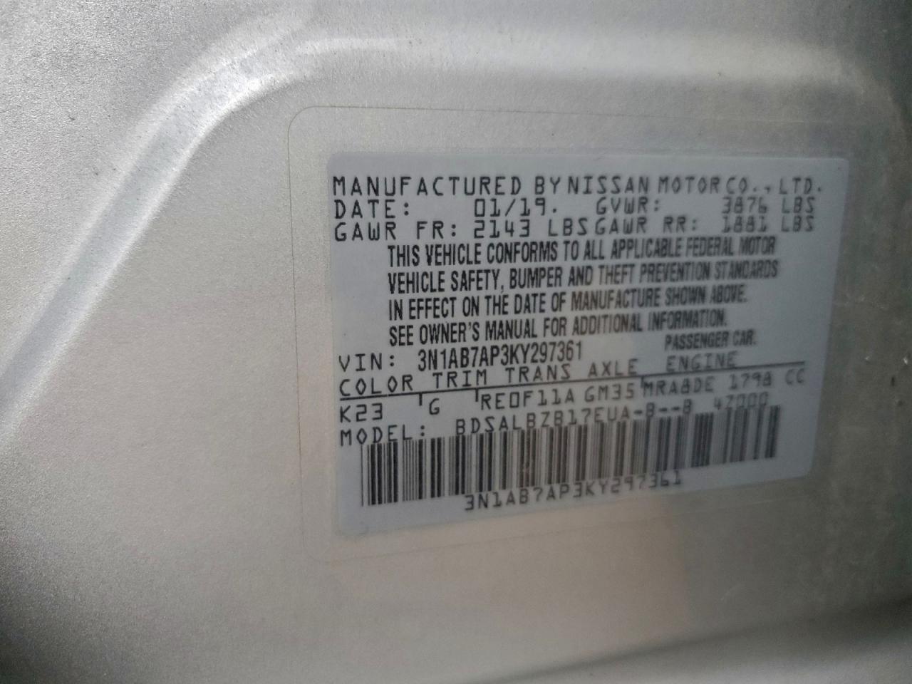 2019 Nissan Sentra S VIN: 3N1AB7AP3KY297361 Lot: 94375805