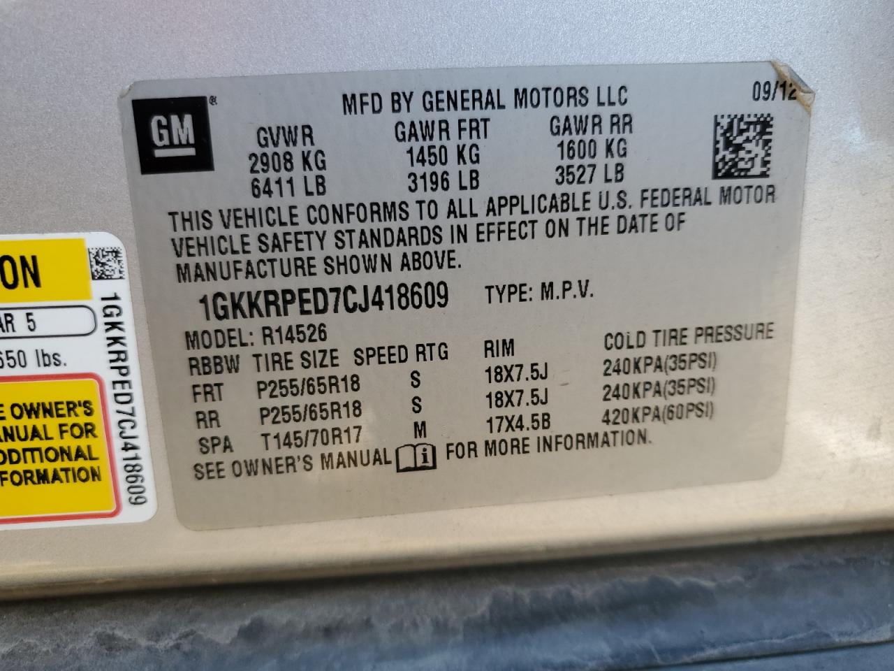 2012 GMC Acadia Sle VIN: 1GKKRPED7CJ418609 Lot: 92241935