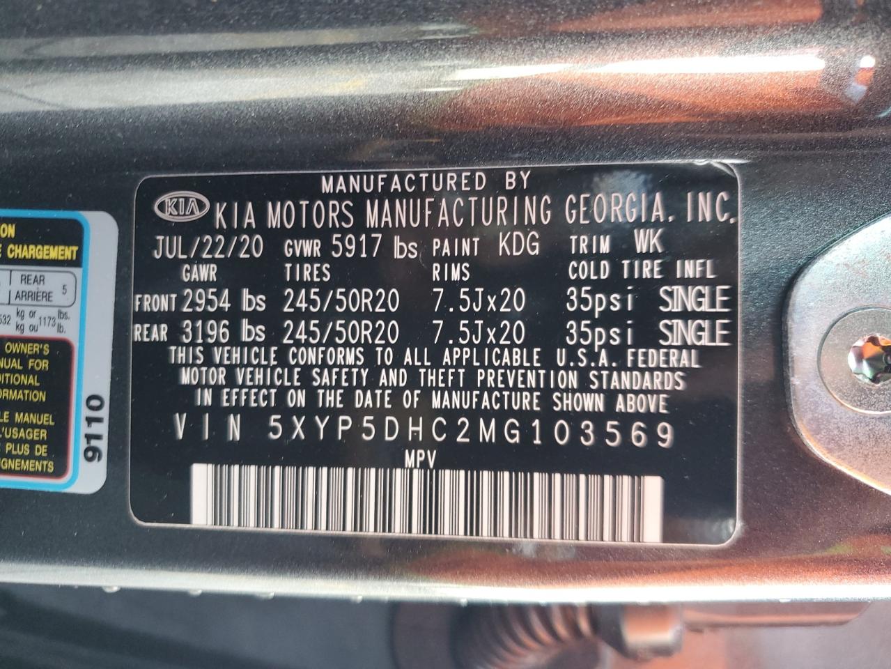 2021 Kia Telluride Sx VIN: 5XYP5DHC2MG103569 Lot: 92346665