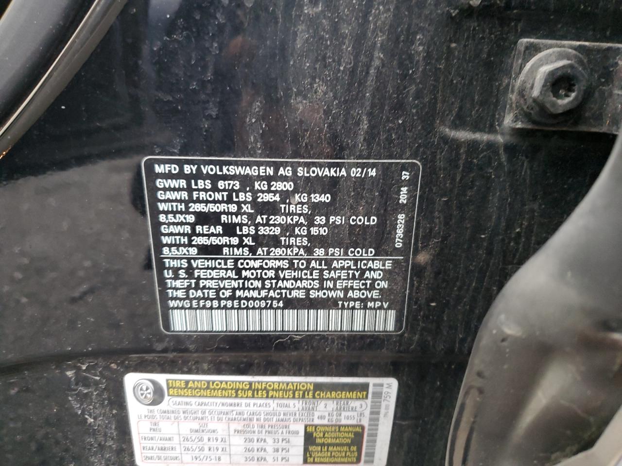 2014 Volkswagen Touareg V6 VIN: WVGEF9BP8ED009754 Lot: 93099315