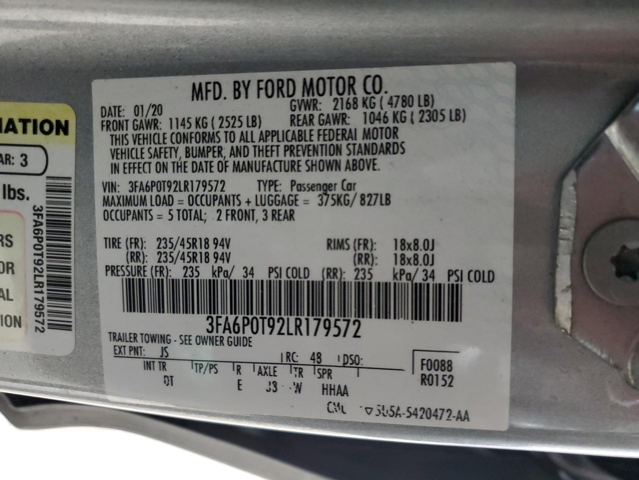 2020 Ford Fusion Se VIN: 3FA6P0T92LR179572 Lot: 93122305