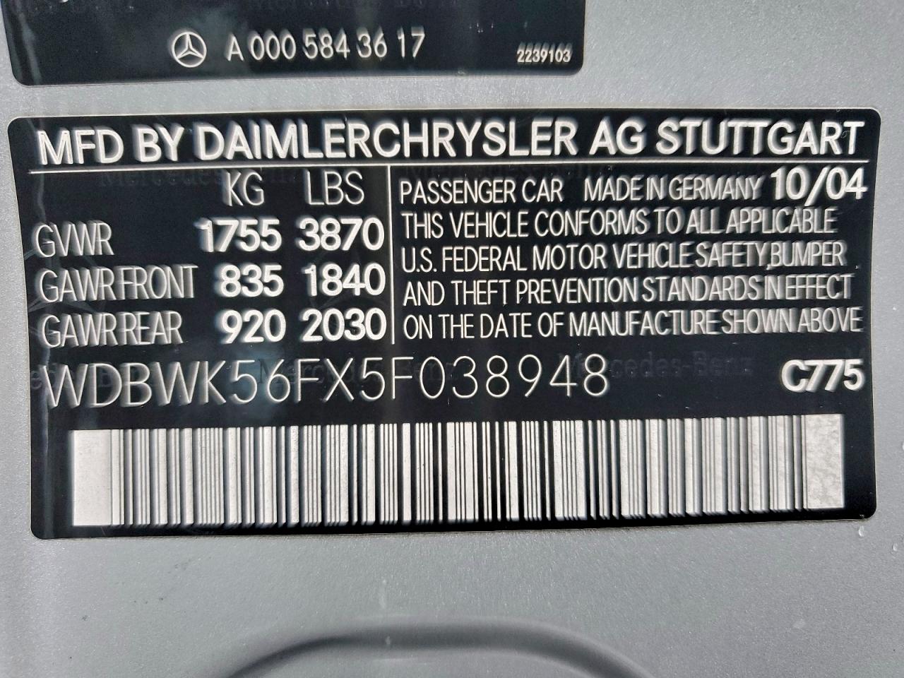 2005 Mercedes-Benz Slk 350 VIN: WDBWK56FX5F038948 Lot: 94021895