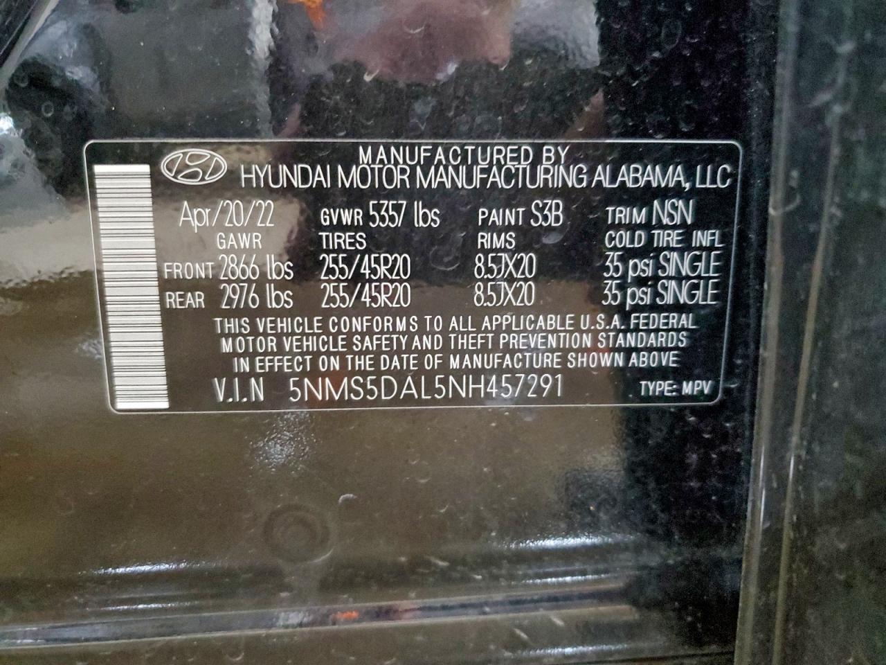 2022 Hyundai Santa Fe Calligraphy VIN: 5NMS5DAL5NH457291 Lot: 94111295