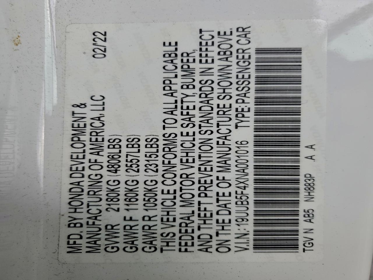 2022 Acura Tlx Technology VIN: 19UUB5F4XNA001016 Lot: 93891385