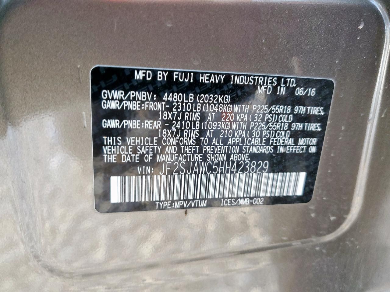 2017 Subaru Forester 2.5I Touring VIN: JF2SJAWC5HH423829 Lot: 92751585