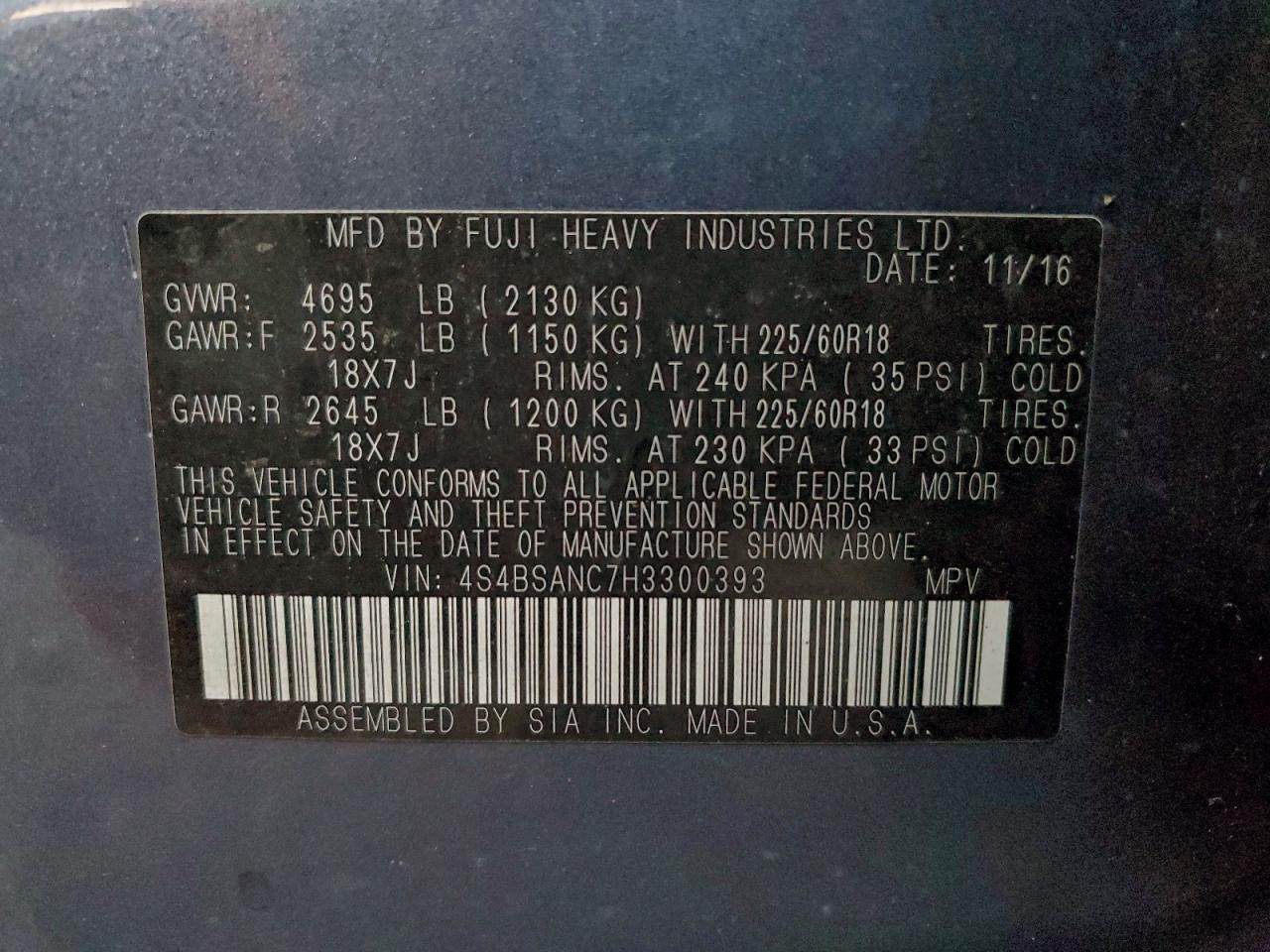 2017 Subaru Outback 2.5I Limited VIN: 4S4BSANC7H3300393 Lot: 94272925