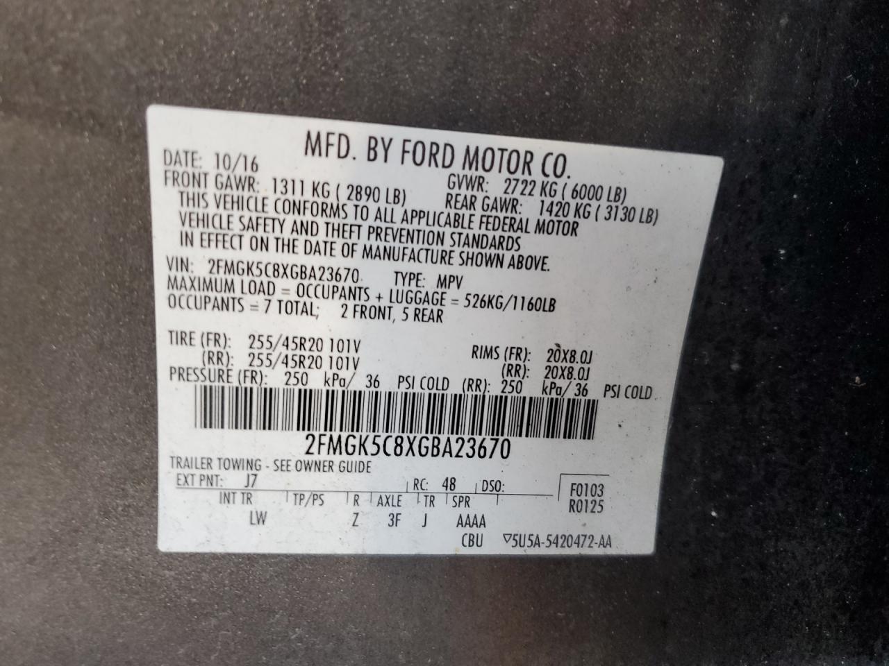 2016 Ford Flex Sel VIN: 2FMGK5C8XGBA23670 Lot: 92733685