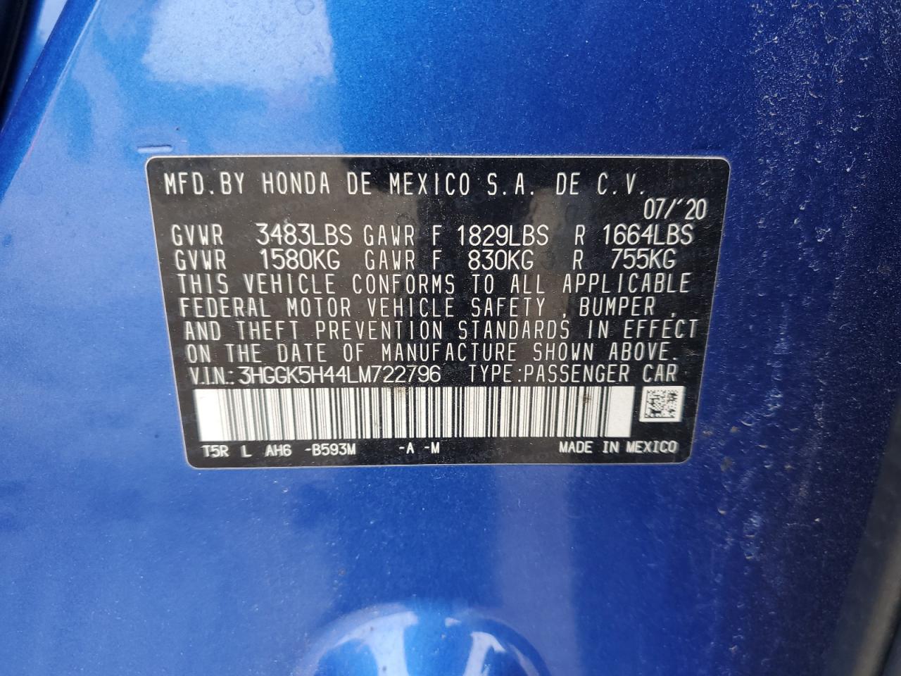 2020 Honda Fit Lx VIN: 3HGGK5H44LM722796 Lot: 92587405