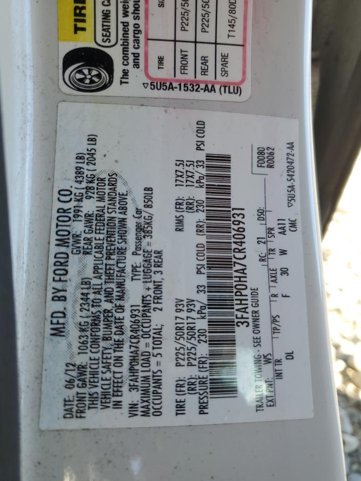 2012 Ford Fusion Se VIN: 3FAHP0HA7CR406931 Lot: 92507835