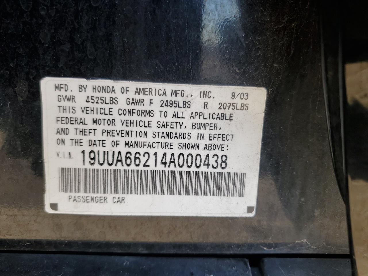 2004 Acura Tl VIN: 19UUA66214A000438 Lot: 93682265
