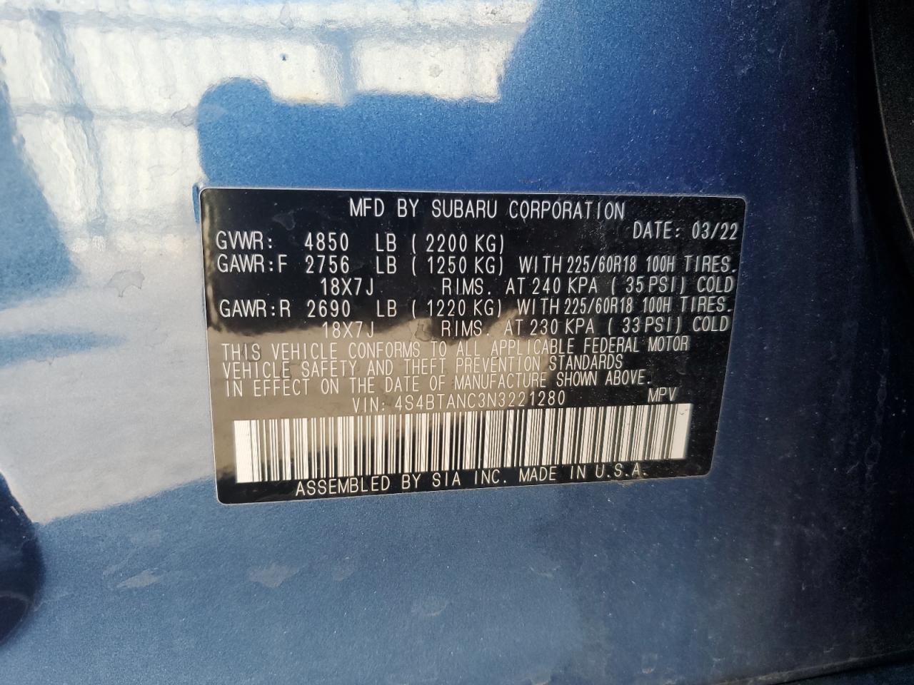 2022 Subaru Outback Limited VIN: 4S4BTANC3N3221280 Lot: 91763455