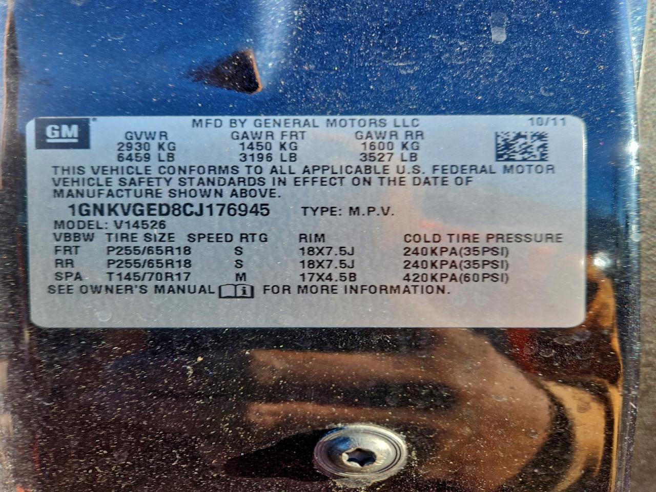 2012 Chevrolet Traverse Lt VIN: 1GNKVGED8CJ176945 Lot: 93149485