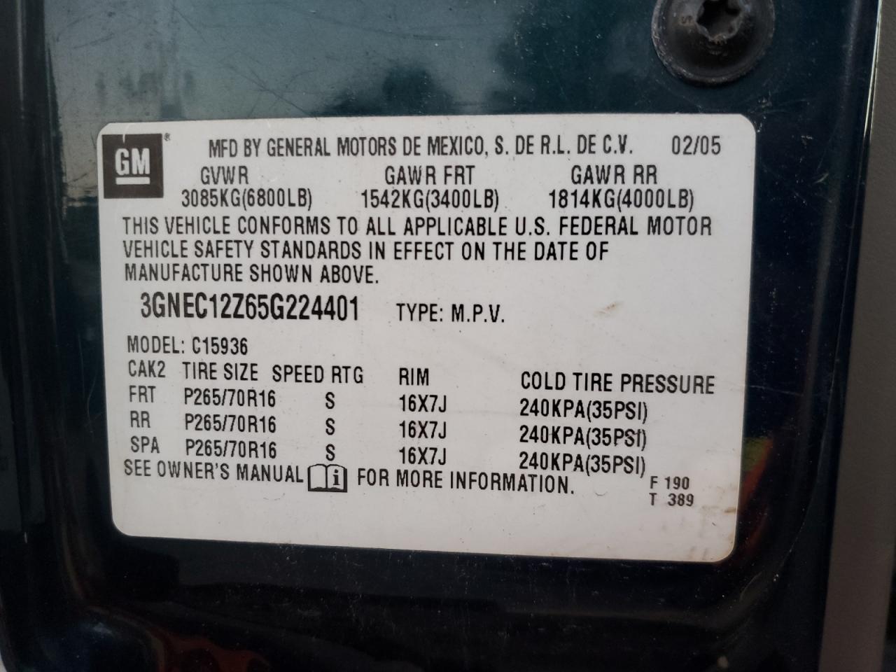 2005 Chevrolet Avalanche C1500 VIN: 3GNEC12Z65G224401 Lot: 92516275