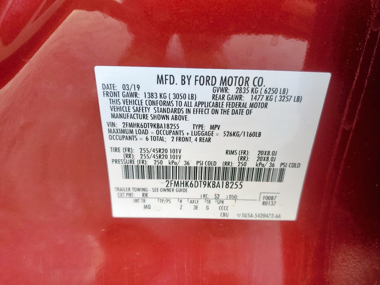 2019 Ford Flex Limited VIN: 2FMHK6DT9KBA18255 Lot: 93000255