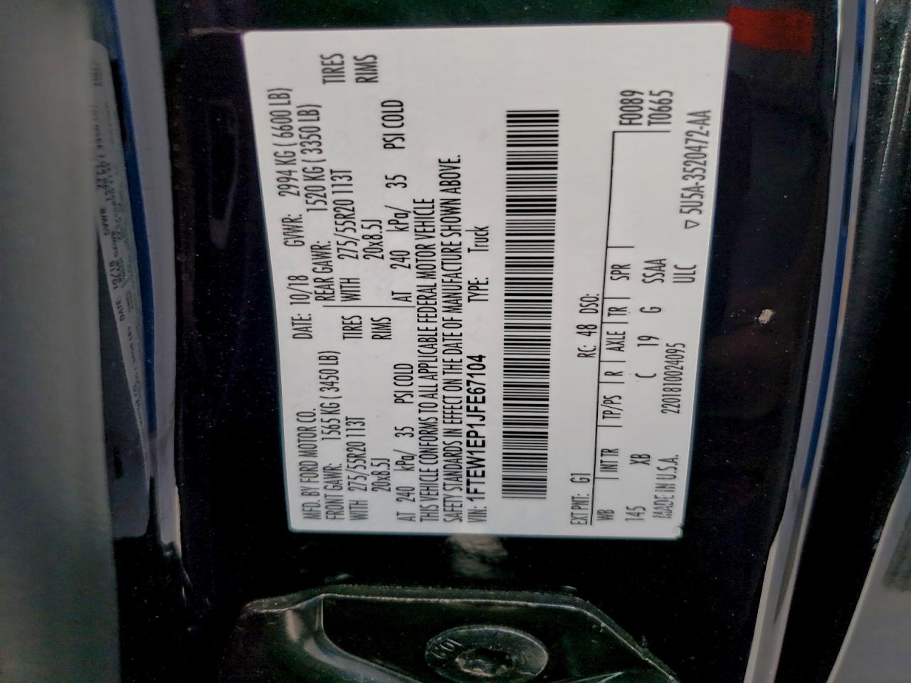 2018 Ford F150 Supercrew VIN: 1FTEW1EP1JFE67104 Lot: 94177775