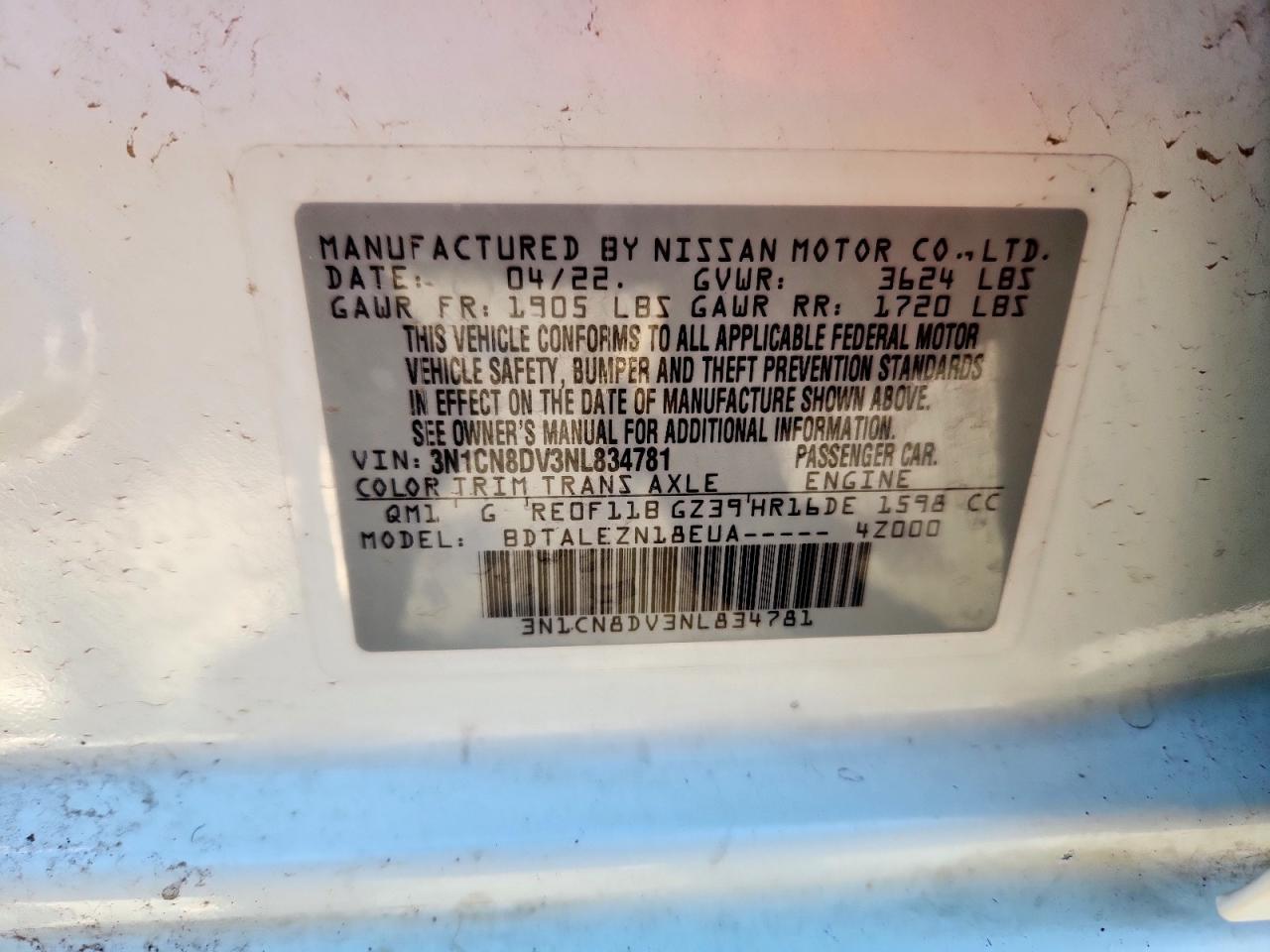 2022 Nissan Versa S VIN: 3N1CN8DV3NL834781 Lot: 92051915